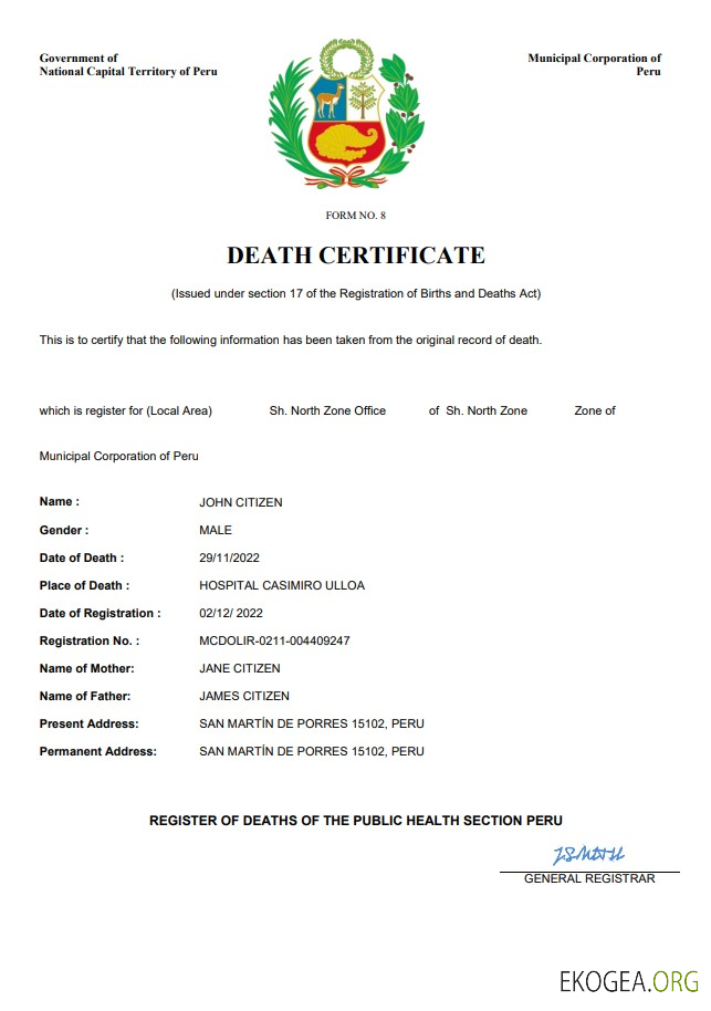 Modèle Word et PDF de certificat de décès de l'état civil du Pérou